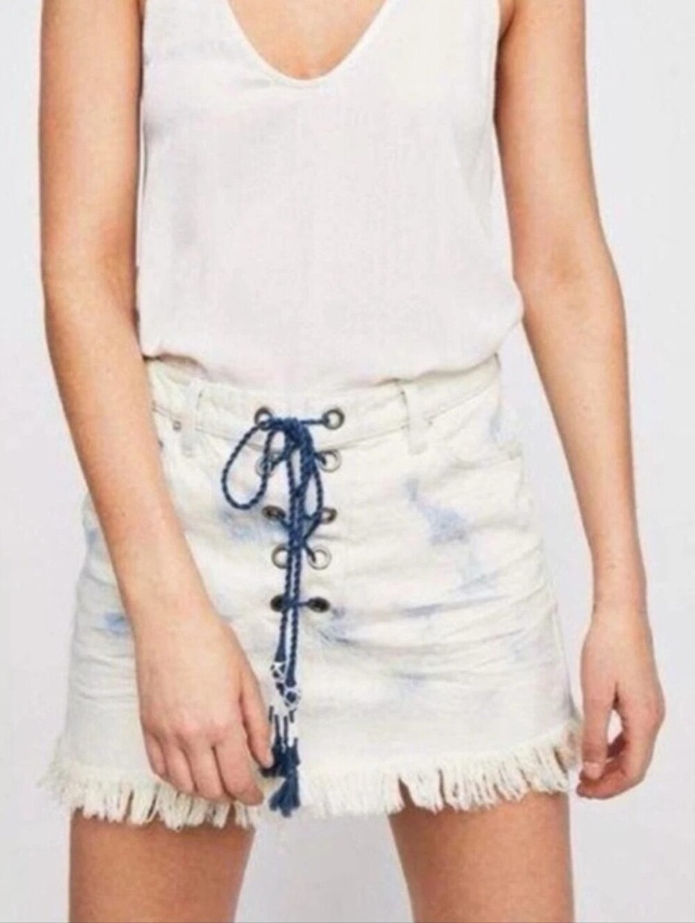 Free People Kaia Seascape Skirt 25 Small Lace Up Distressed Denim Frayed Tie Dye